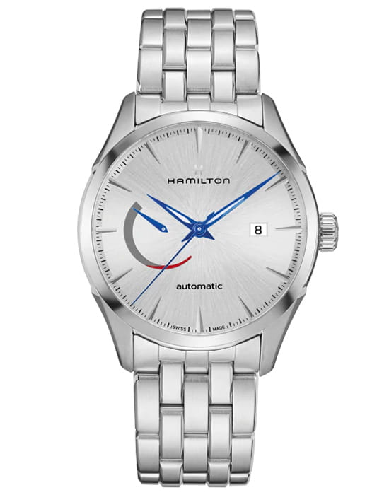 Hamilton Hamilton Jazzmaster Power Reserve Auto H32635181  H32635181 механические мужские часы серый циферблат, браслет нержавеющая сталь — вид спереди